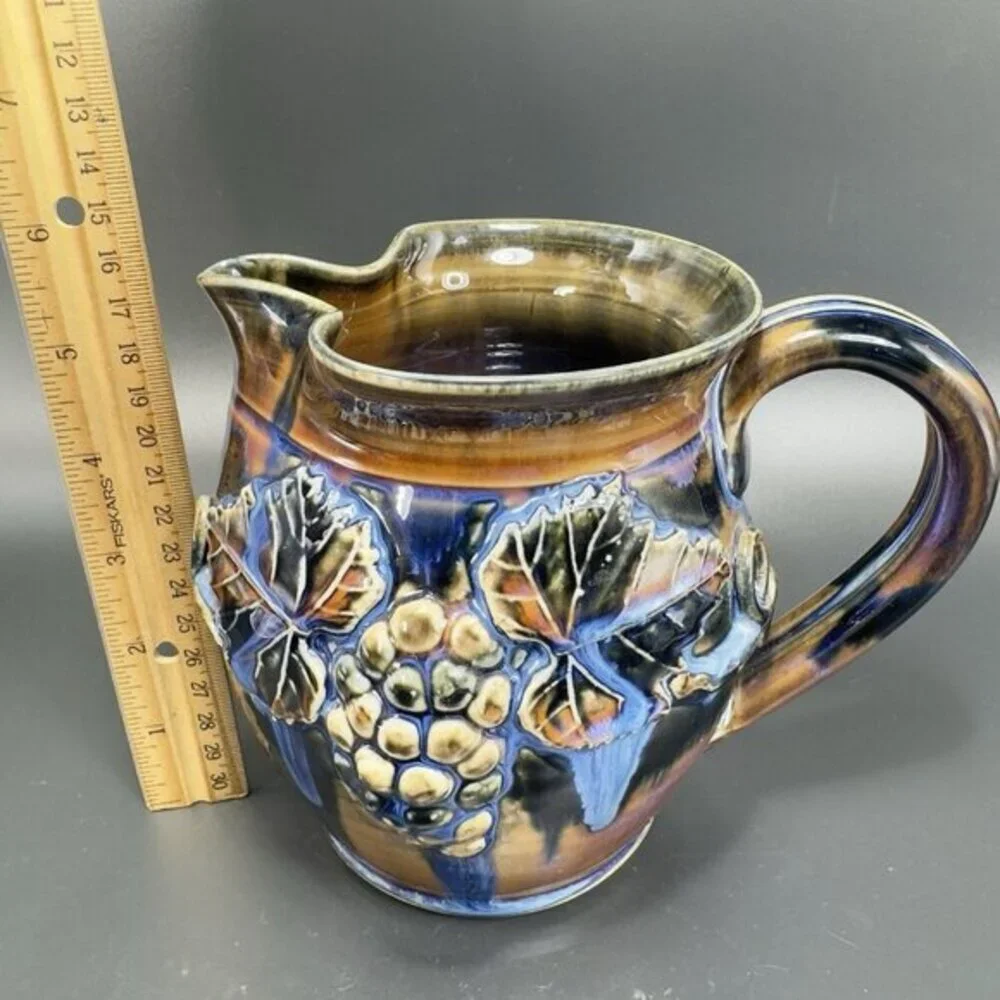 Greg Olson Studio Art Pottery Pitcher Carafe Jug Heavy Glaze Grape Signed‎ VTG